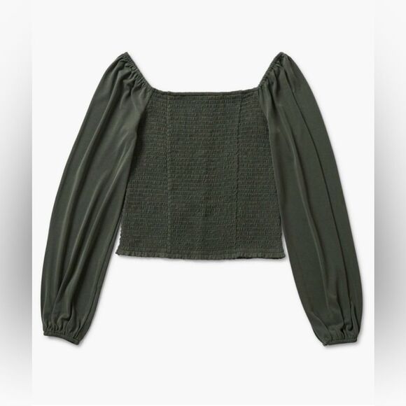 Lucky Brand Womens Size Medium Olive Green Smocked Square Neck Knit Long Sleeve - Picture 6 of 15